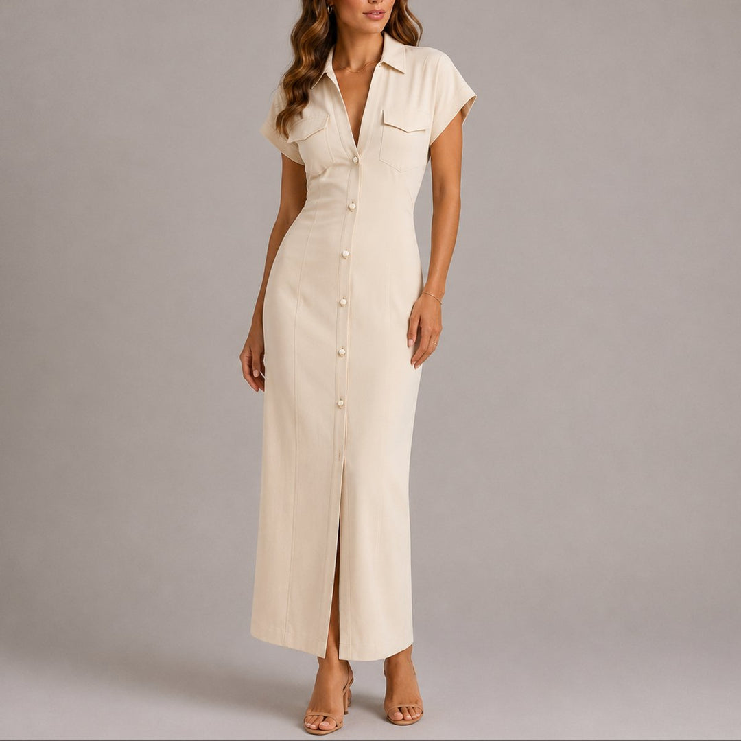 Olivia | Abito lungo a camicia chic e raffinato da matrimonio autunnale