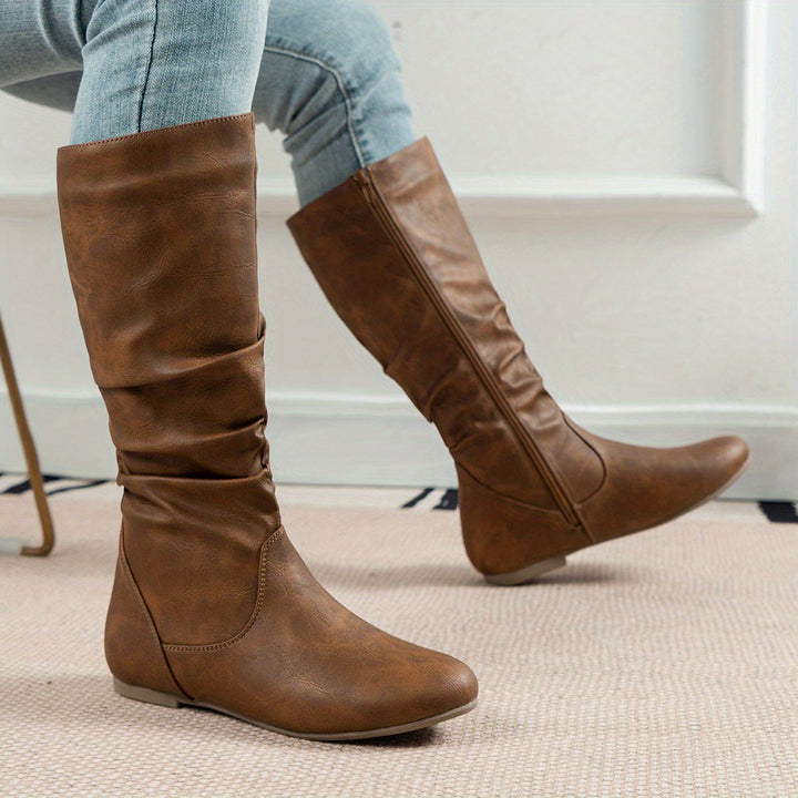 Mandy | Classic Flat Knee High Boots with Gathered Shaft