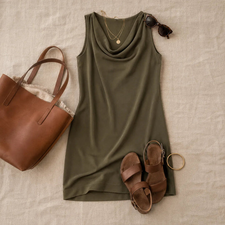 Solvea | Cowl Neck Shift Dress – Sleeveless Mini with Pockets