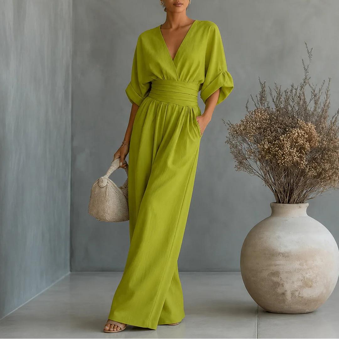 Solea | Wide Leg Jumpsuit – V Neck with Pleated Waist Sash for Women