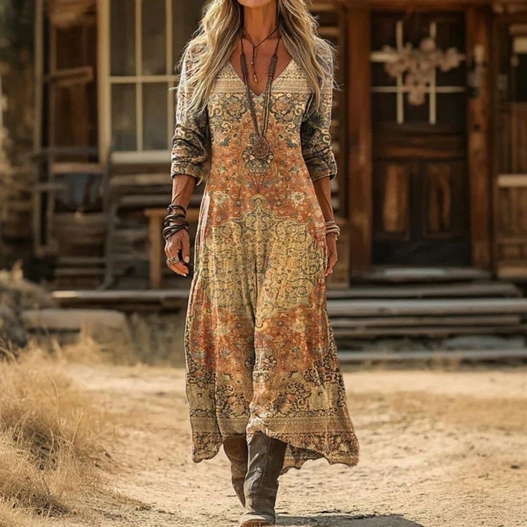 Katharina | Elegantes Maxi-Kleid mit Boho-Muster und langen Ärmeln