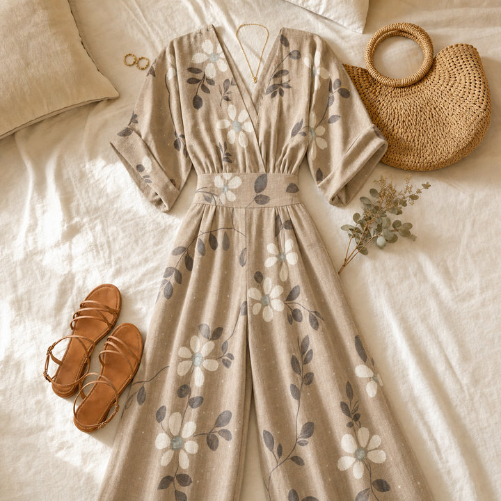 Solene | Printed Wide-Leg Jumpsuit – Flattering V-Neck Style