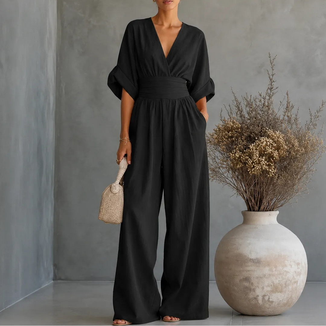 Solea | Wide Leg Jumpsuit – V Neck with Pleated Waist Sash for Women
