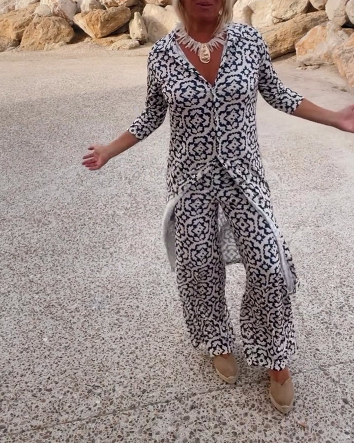 Isabella | Elegant V-Neck Tunic & Wide-Leg Trousers Set