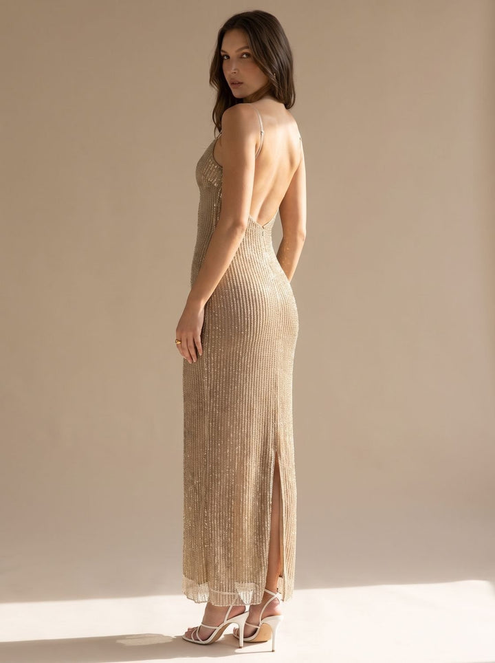 Grace | Bodycon Maxi Dress – Gold Glitter Spaghetti-Strap for Women