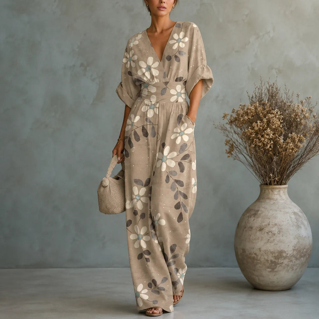 Solene | Printed Wide-Leg Jumpsuit – Flattering V-Neck Style