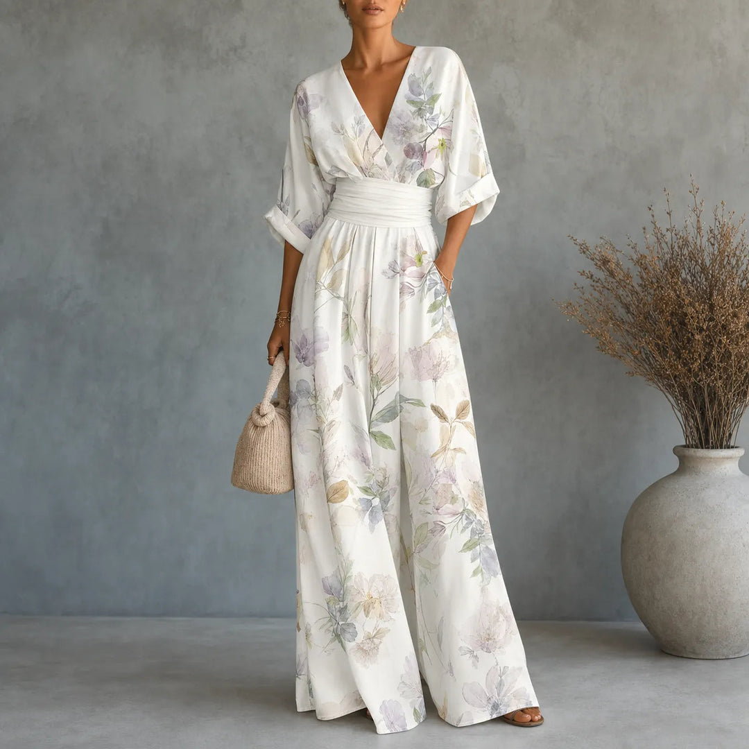 Solene | Printed Wide-Leg Jumpsuit – Flattering V-Neck Style
