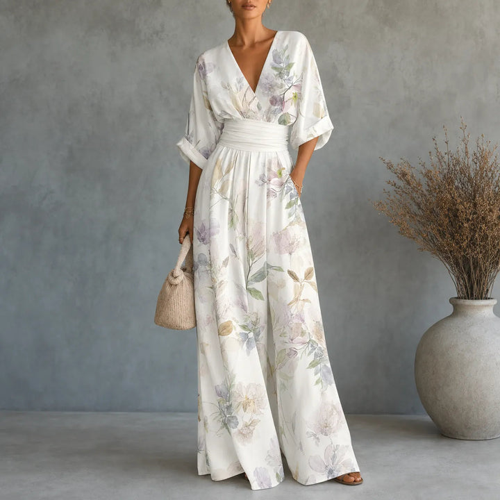 Solene | Printed Wide-Leg Jumpsuit – Flattering V-Neck Style