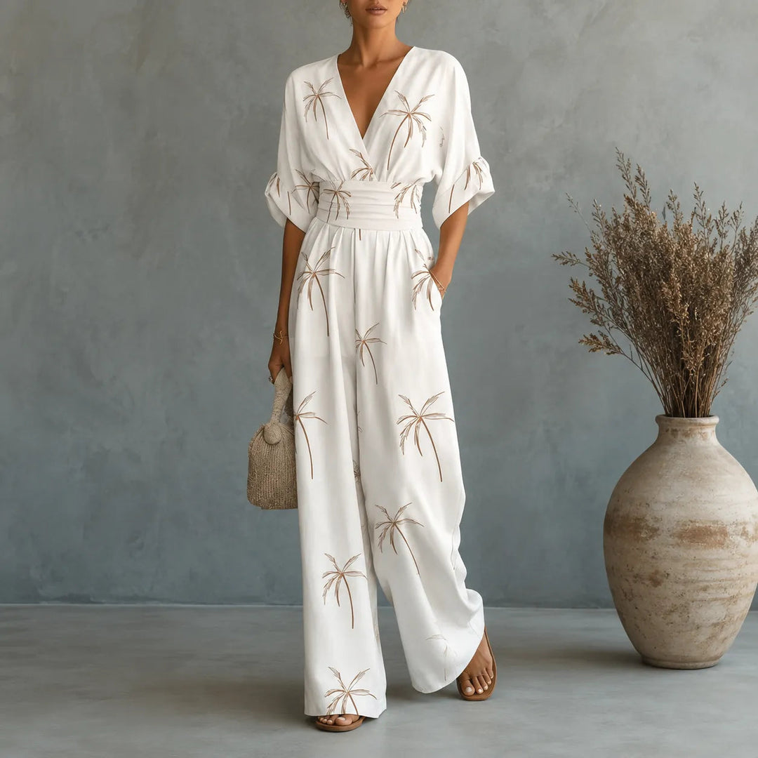 Solene | Printed Wide-Leg Jumpsuit – Flattering V-Neck Style