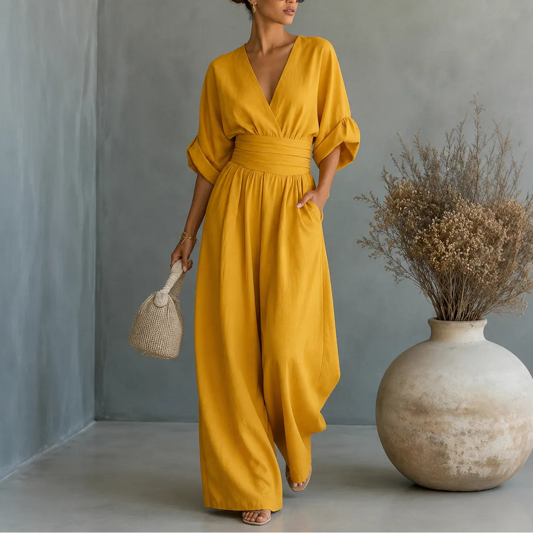 Solea | Wide Leg Jumpsuit – V Neck with Pleated Waist Sash for Women