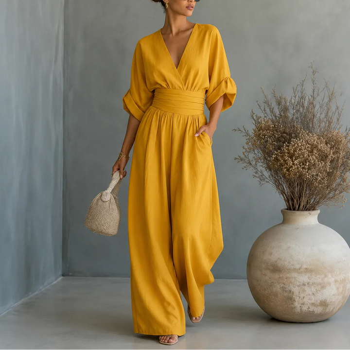 Solea | Wide Leg Jumpsuit – V Neck with Pleated Waist Sash for Women