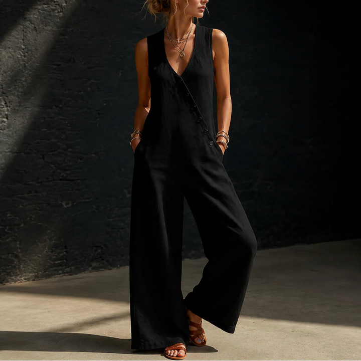 Wearvelle | Wide-Leg Jumpsuit – Sleeveless with Diagonal Buttons