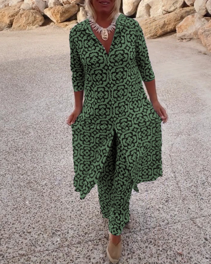 Isabella | Elegant V-Neck Tunic & Wide-Leg Trousers Set