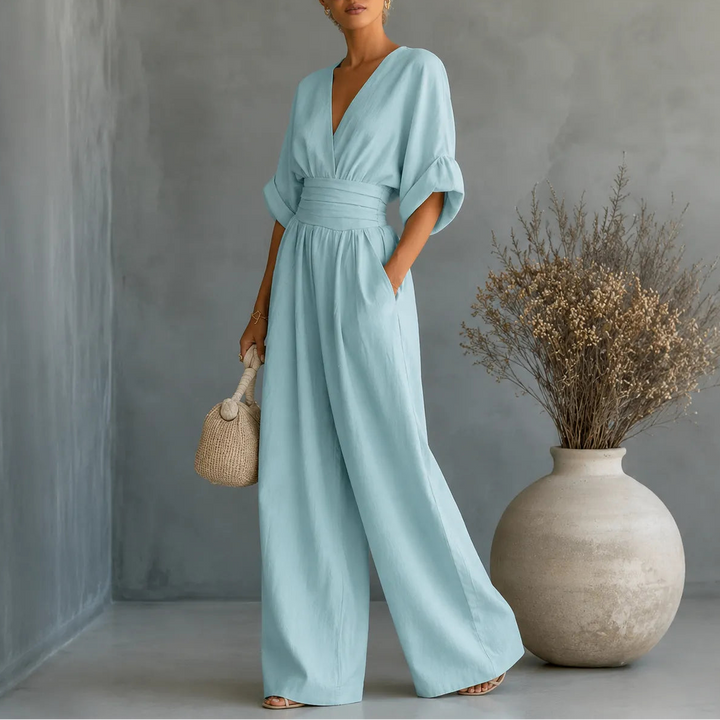 Solea | Wide Leg Jumpsuit – V Neck with Pleated Waist Sash for Women