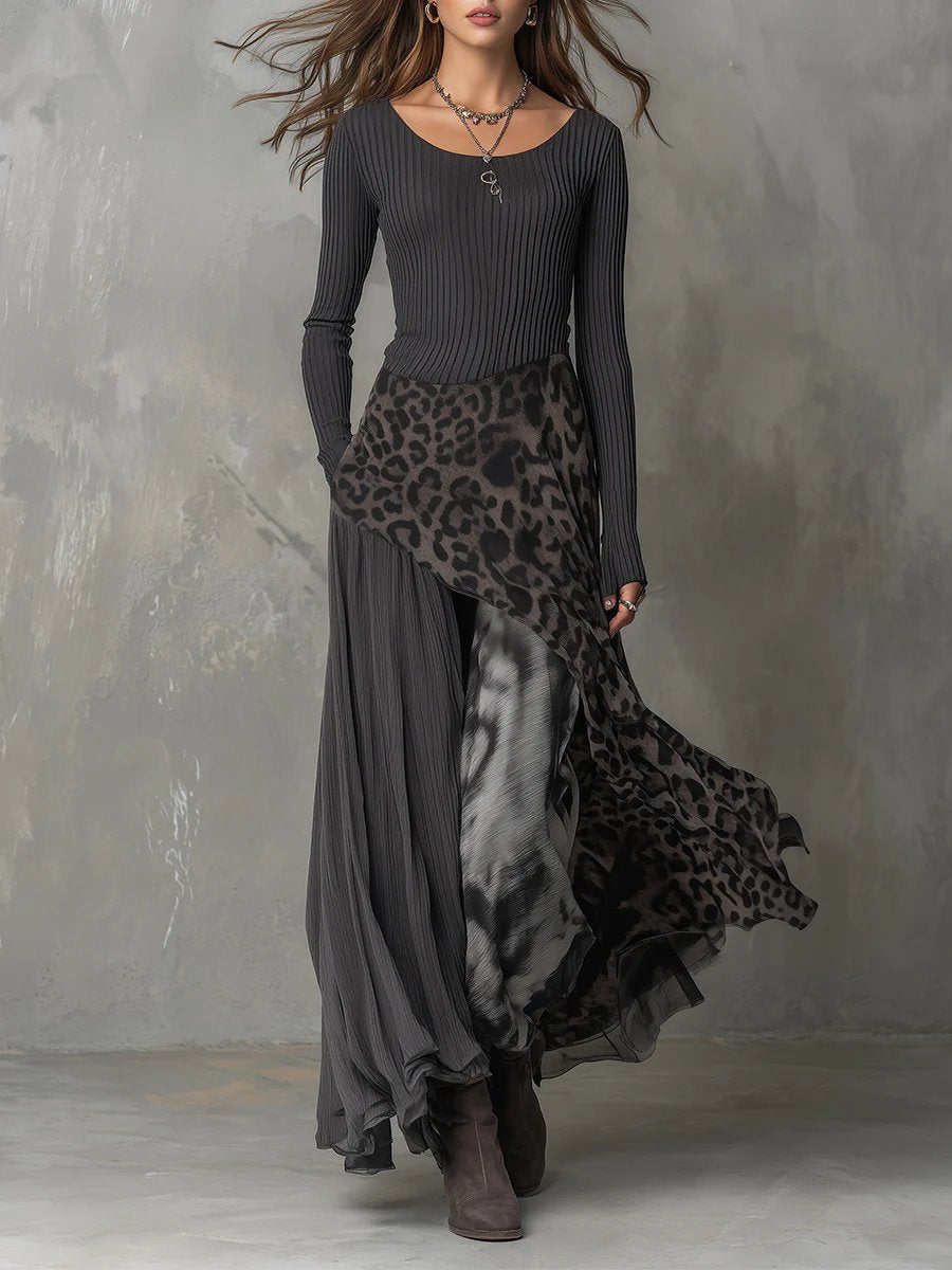 Mira | Modernes und stilvolles Maxikleid mit Leopardenmuster und langen Ärmeln