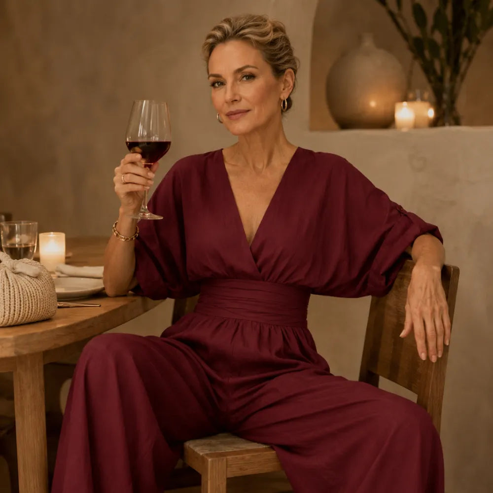 Solea | Wide Leg Jumpsuit – V Neck with Pleated Waist Sash for Women