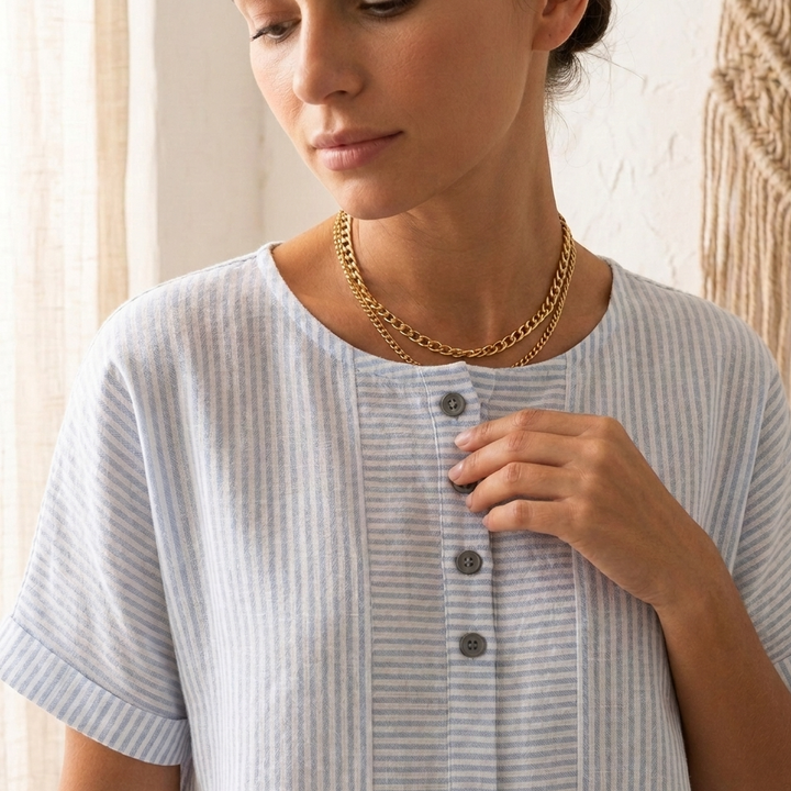 Lunavia | Striped Mini Dress – Button-Placket Style with Pockets for Women